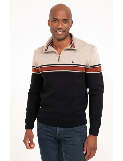 Pull col rond rayé brique