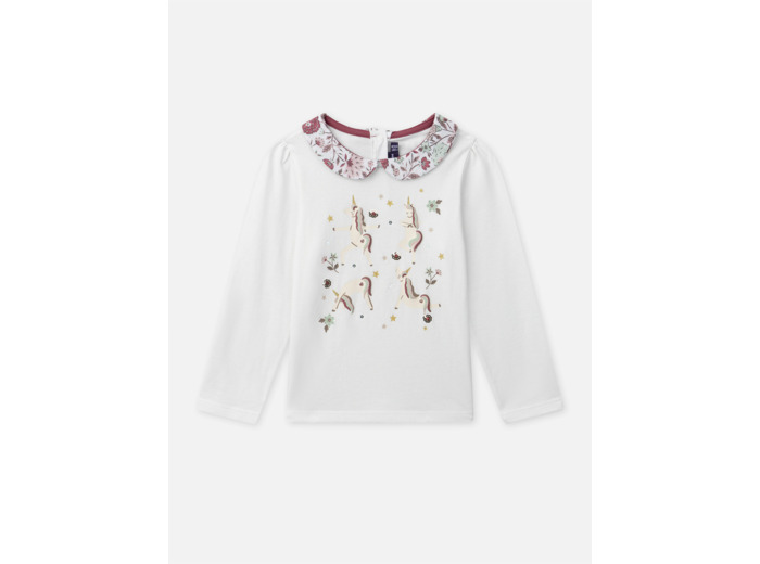 T-shirt blanc imprimé licorne à col claudine fleuri et manches longues Fille