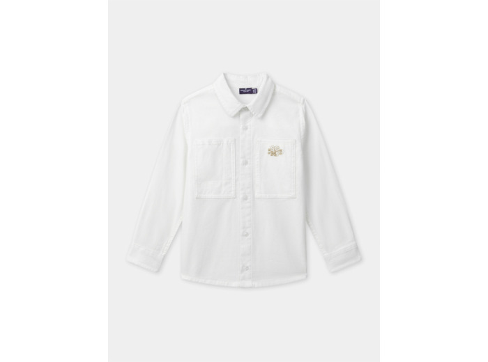 Chemise blanche à broderie marron "SGMJ" et manches longues Garçon