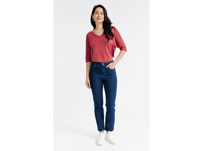 Pantacourt denim, détail strass fleur