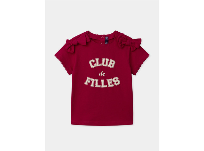 T-shirt rouge imprimé noeud à manches courtes en bordures festonnées Fille