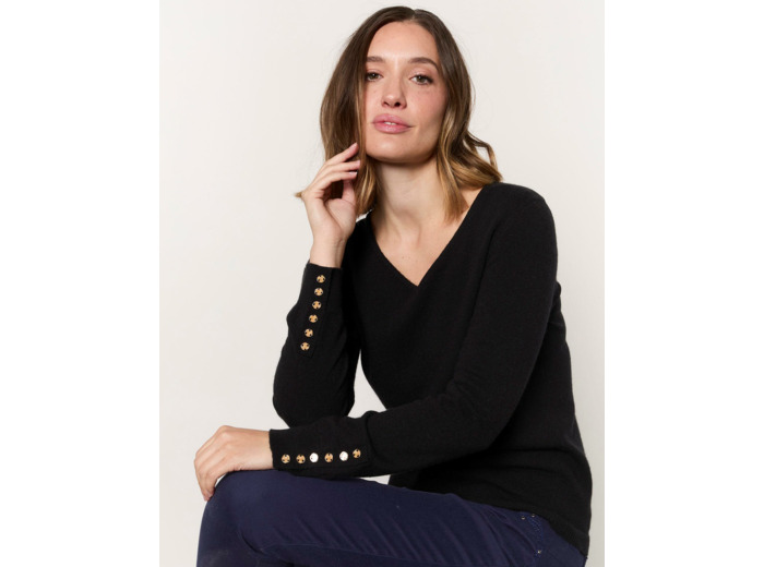 Pull fin contenant du cachemire uni NOIR Femme