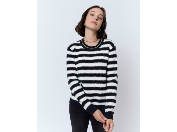 Pull épais en mélange laine rayé MARINE Femme