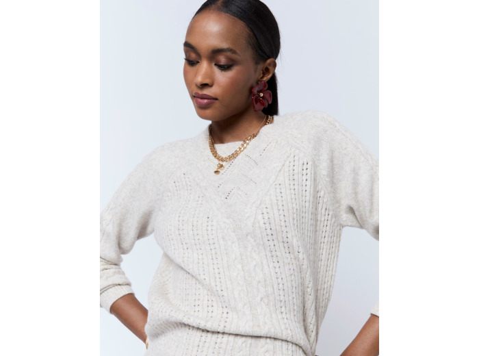 Pull épais en mélange laine uni BEIGE Femme