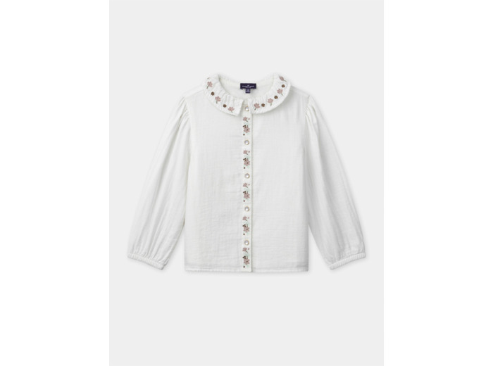 Blouse blanche à col brodés de fleurs et manches longues Fille
