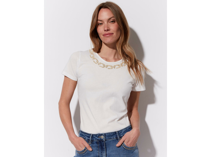 T-Shirt manches courtes 100% coton uni décoré BLANC Femme