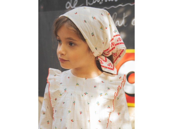 Foulard écru à carreaux fruits et fleurs