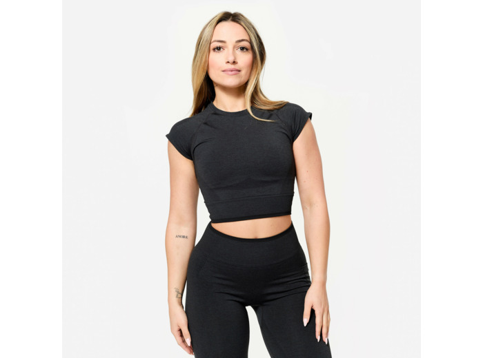 Crop top seamless de musculation femme, noir