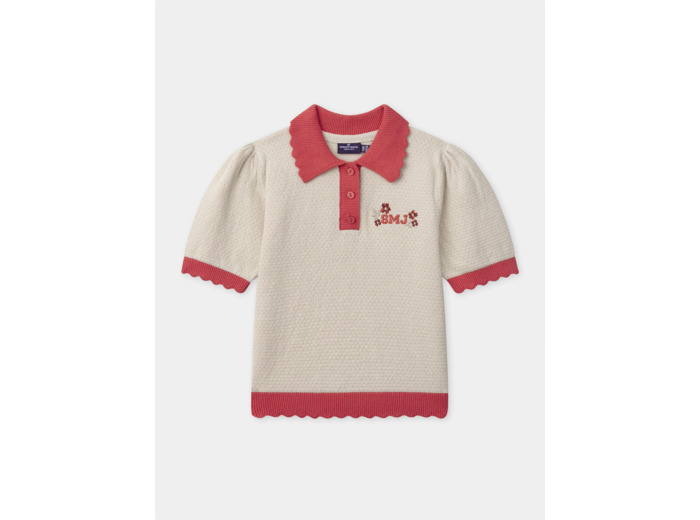 Polo écru à broderie floral avec col et manches festonnés rouge corail Fille