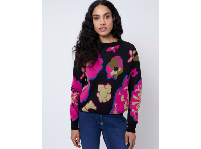 Pull épais Jacquard motif fleurs NOIR Femme