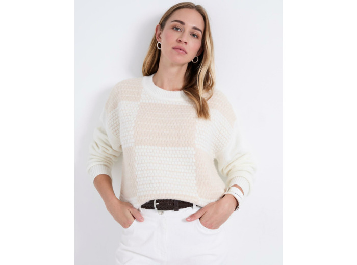 Pull épais en mélange laine bicolore ECRU Femme