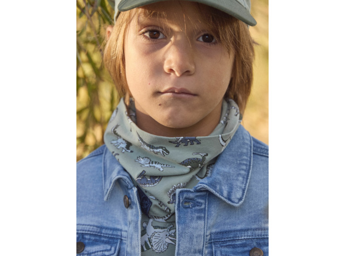 Snood jersey vert sauge imprimé dinosaures