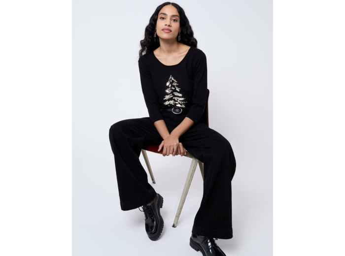 Pull fin uni décoré NOIR Femme