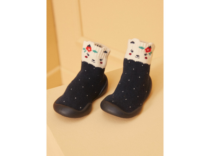 chaussette à pois écrus sur fond marine