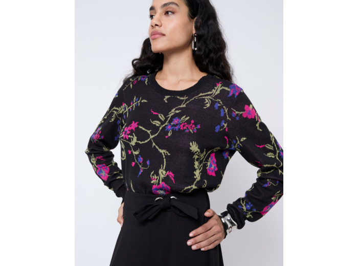 Pull épais en mélange coton Jacquard motif fleurs NOIR Femme