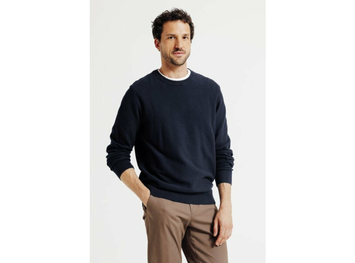 Pull col rond jeux de points fantaisie - Bleu moyen