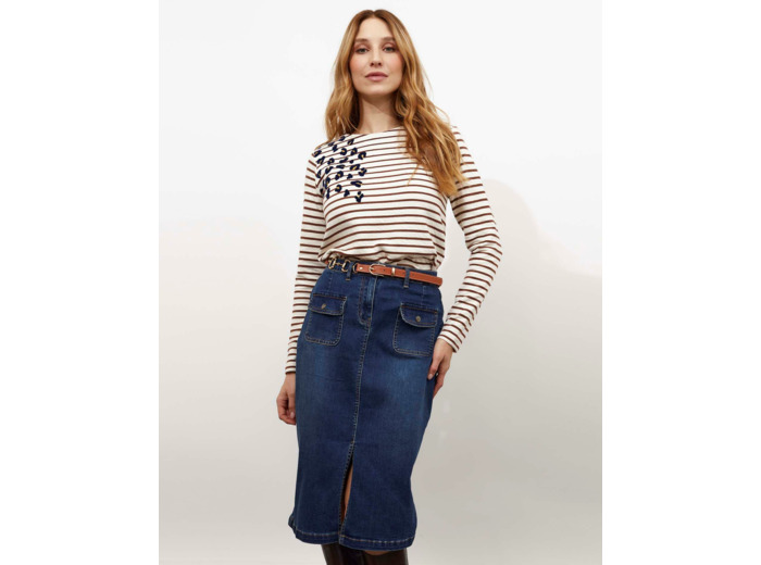 Tee-shirt marinière manches longues en mélange coton rayée MARRON Femme