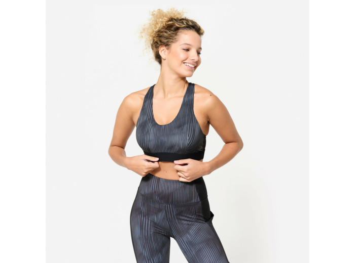 Brassière dos nageur avec coques maintien modéré Femme, Imprimé noir et gris