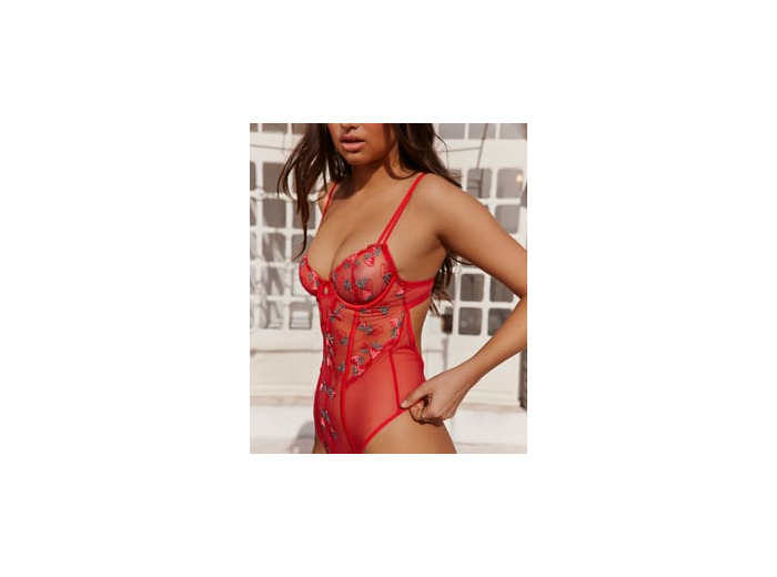 Body corbeille en mesh brodé de motif fraises