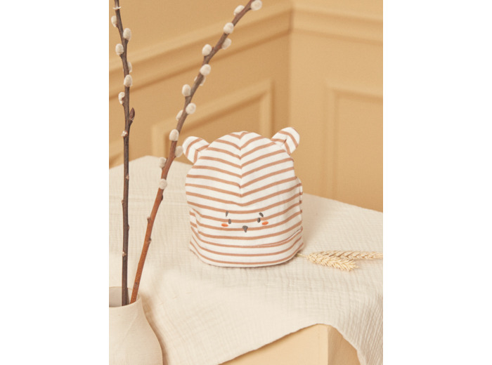Bonnet ludique de naissance écru et noisette