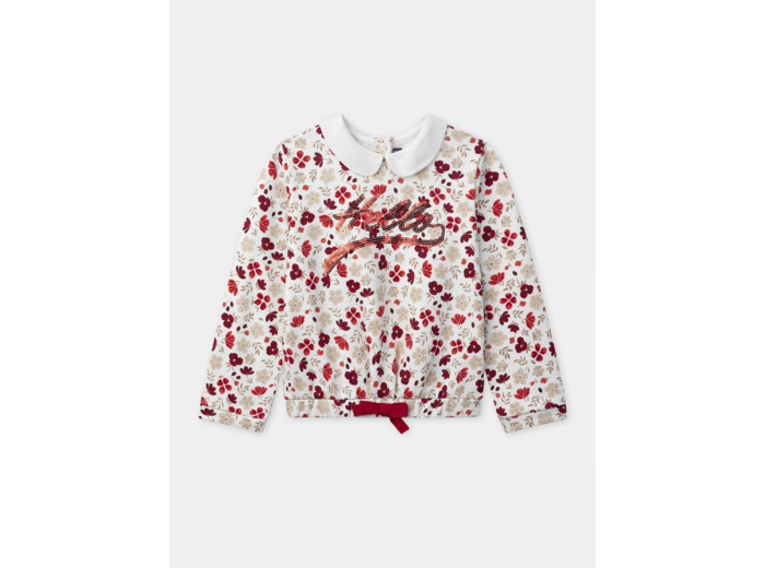 Sweat-shirt imprimé fleuri à sequins "Hello" et col claudine Fille