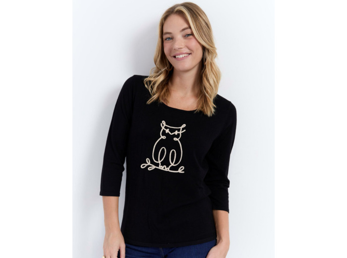 Pull fin uni décoré NOIR Femme