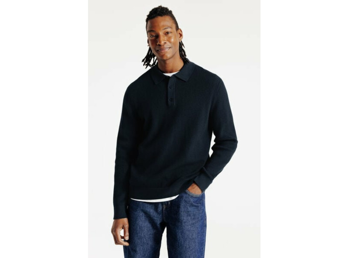 Polo en maille col boutonné fantaisie - Bleu moyen