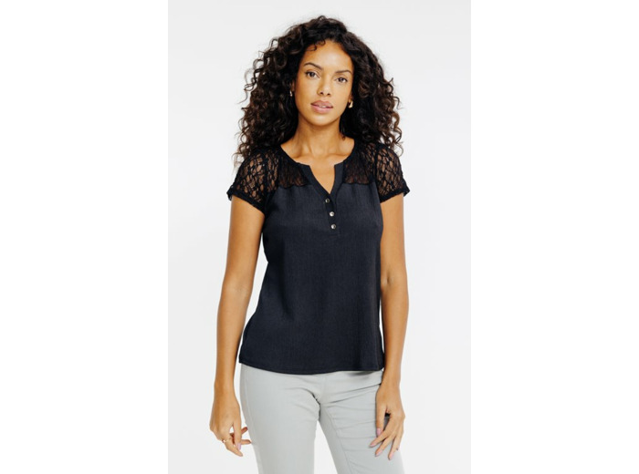 Tee-shirt uni dentelle manches courtes