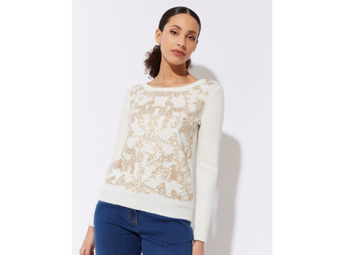 Pull épais contenant de la laine uni décoré ECRU Femme