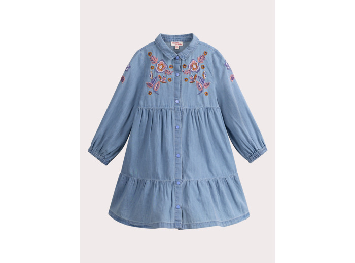 Robe effet denim avec broderies fleuries pour fille