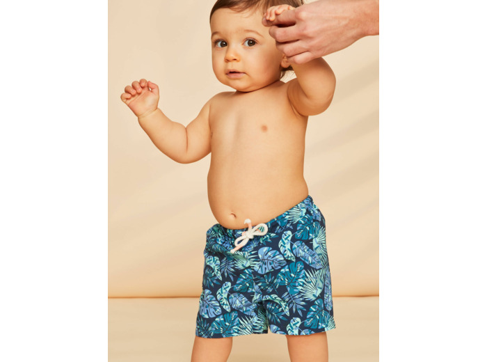 Short de bain bleu marine et vert à imprimé feuillage