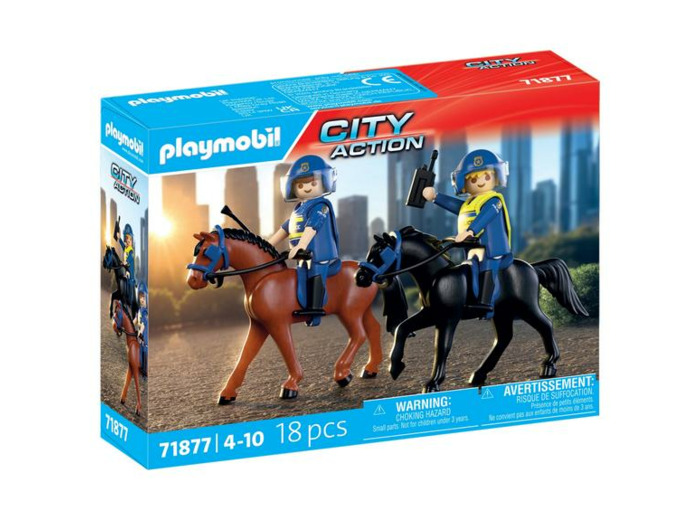 2 POLICIERS CAVALIERS AVEC LEURS CHEVAUX PLAYMOBIL CITY ACTION 71877