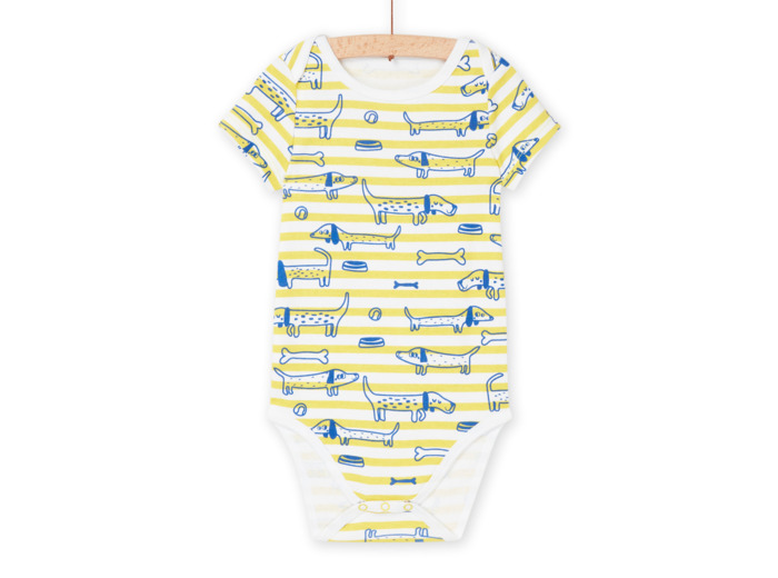 Body blanc et jaune en coton biologique à imprimé à rayures et chiens