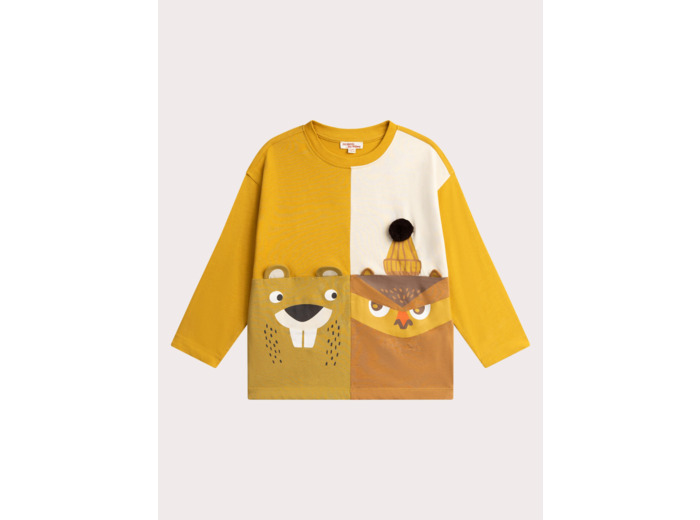 T-shirt jaune animation hibou et castor pour garçon
