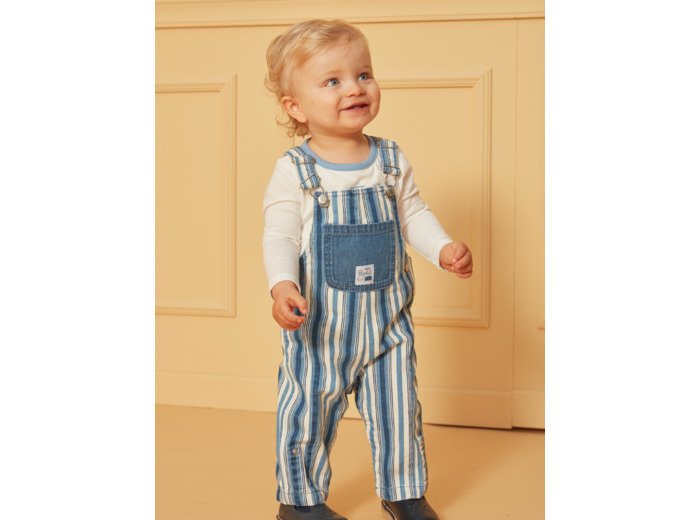 Salopette longue bleu et blanc en denim à imprimé à rayures