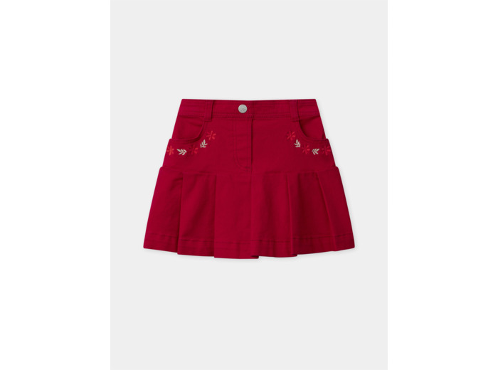 Jupe plissée rouge à poches brodées floral Fille