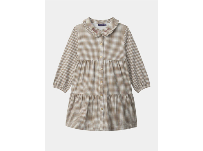 Robe vichy marron et blanc à manches longues Fille