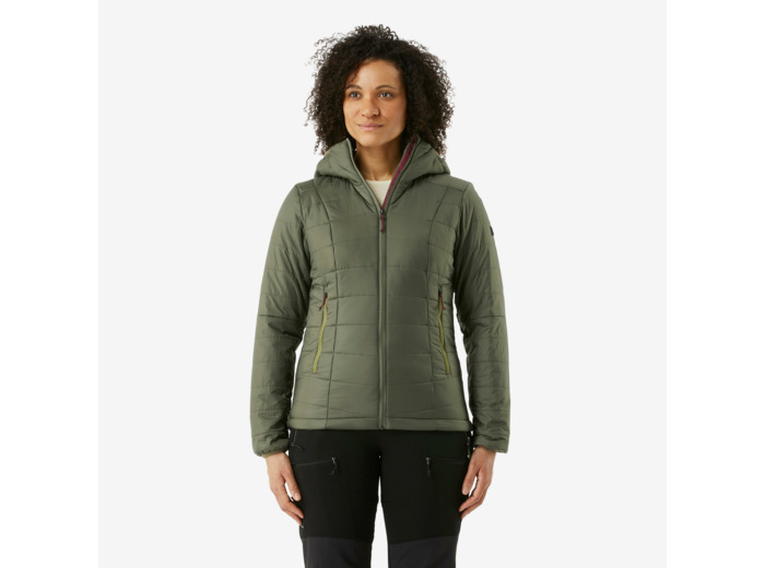 Doudoune de trek à capuche synthétique femme, MT100 khaki