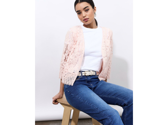 Gilet manches 3/4 en dentelle uni ROSE PALE Femme