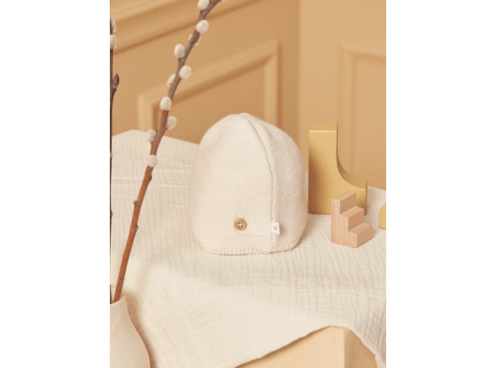 Bonnet de naissance écru chiné en laine et coton