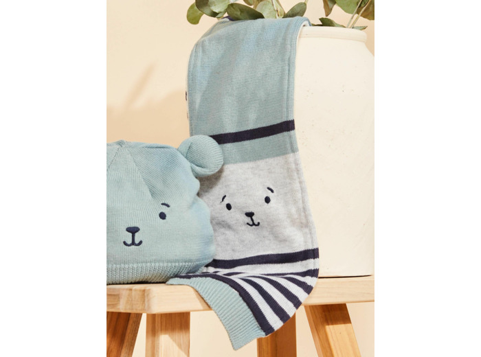 Echarpe gris chiné à rayures avec visage d'animal