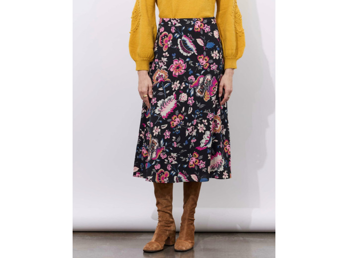 Jupe midi imprimé à fleurs NOIR