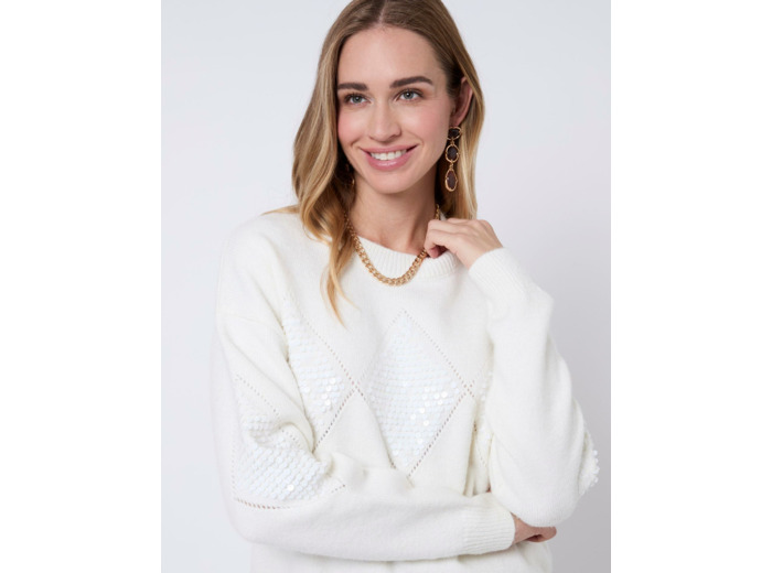 Pull épais en mélange laine uni décoré ECRU Femme