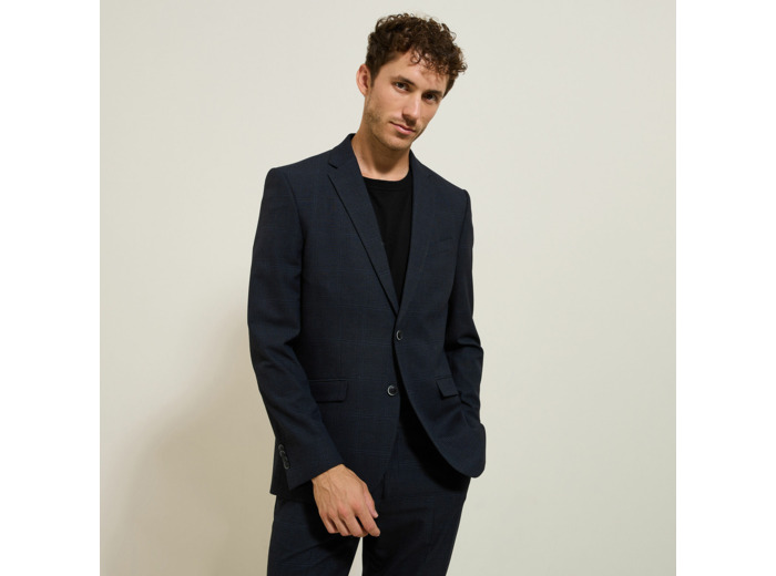 Veste de costume slim bistretch à carreaux - Bleu foncé