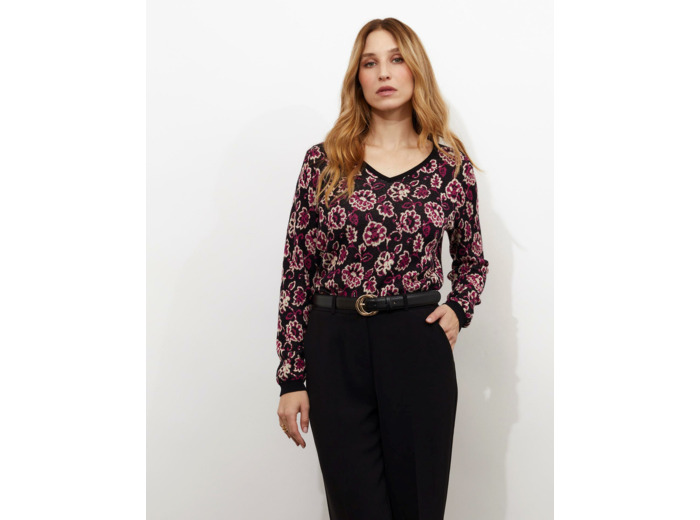 Pull fin Jacquard motif fleurs NOIR Femme