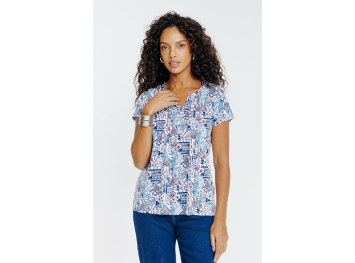 Tee-shirt imprimé patch col mao et plis