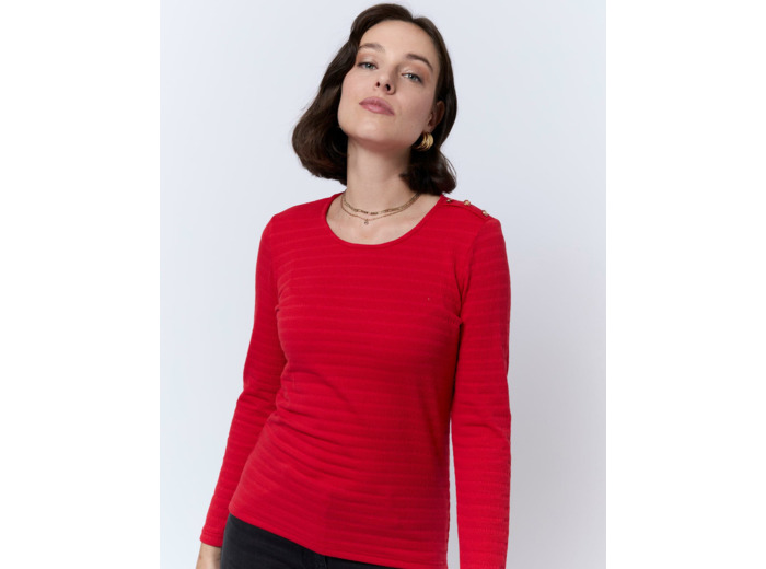 T-Shirt manches longues en mélange coton uni ROUGE Femme