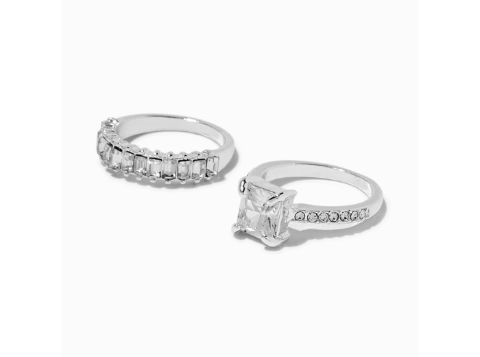 Bagues superposables coupe émeraude zircon cubique couleur argentée - Lot de 2