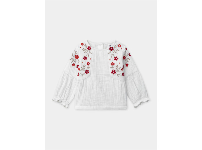 Blouse écru à broderie fleurs et manches longues Bébé Fille