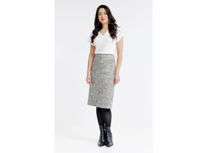 Jupe midi imprimée en scuba suédine